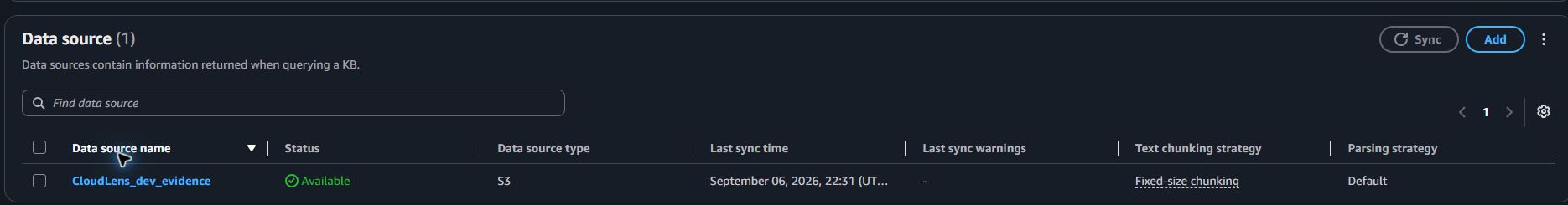 Amazon Bedrock CloudLens knowledge data source showing available status and S3 source