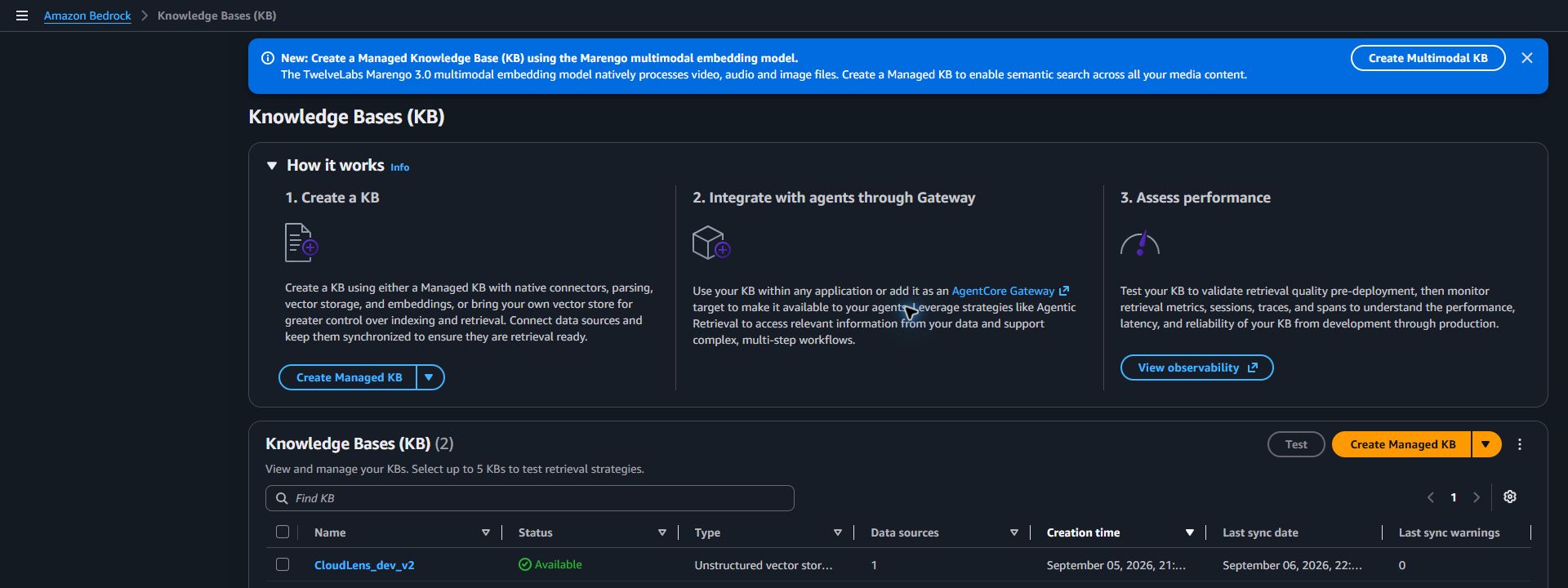 Amazon Bedrock console showing two available CloudLens Knowledge Bases