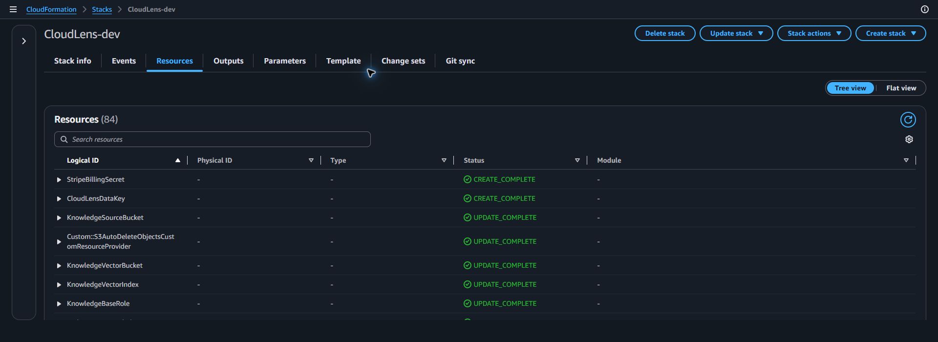 AWS CloudFormation Resources tab showing the CloudLens stack with 84 managed resources