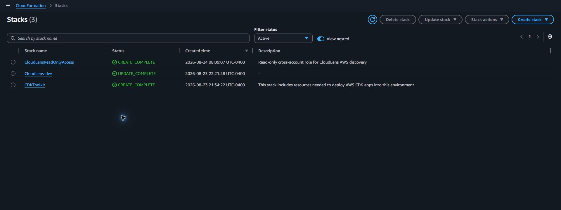 AWS CloudFormation console showing the completed CloudLens application, customer read-only role, and CDK toolkit stacks