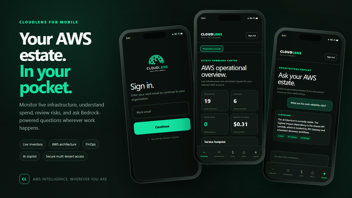 CloudLens mobile application showing sign-in, AWS operational overview, costs, service footprint, and architecture copilot
